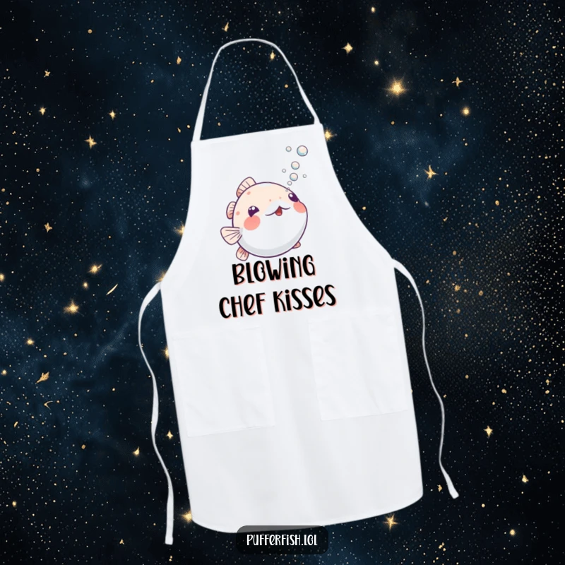 Funny Playful Pufferfish Apron: Hilarious kitchen wear with a pufferfish blowing bubbles upwards, ready for a funny cooking session.