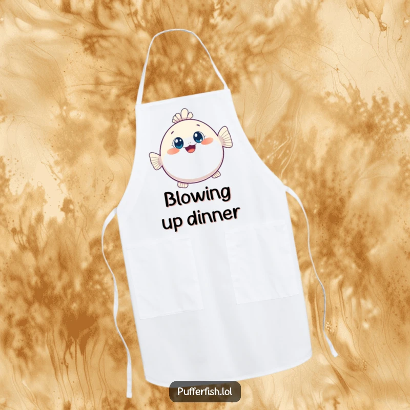 Funny apron featuring a kawaii pufferfish joyfully inflating, ideal for kitchen use with an adorable and humorous theme.