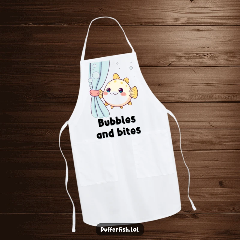 Funny kawaii pufferfish peeking shyly from behind a bubbly curtain, perfect for a humorous chef's apron, a delightful gift.