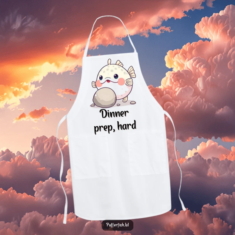 Funny Pufferfish Grit Apron: A fun apron showing a determined pufferfish humorously pushing a large, round pebble with its nose while cooking.