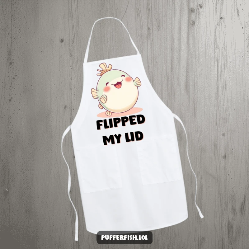 Funny pufferfish apron, hilariously rolling with glee and fins up, a joyful and humorous accessory for the kitchen.