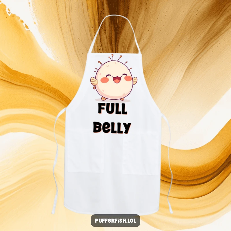 Funny apron showing a chubby pufferfish bobbing gleefully with a thoroughly delighted expression, perfect for a cheerful cook.