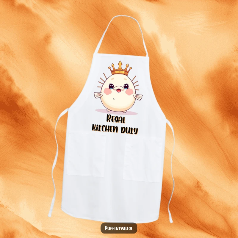 Funny pufferfish apron, humorously balancing a tiny crown on its inflated head, a royal and amusing cooking accessory.