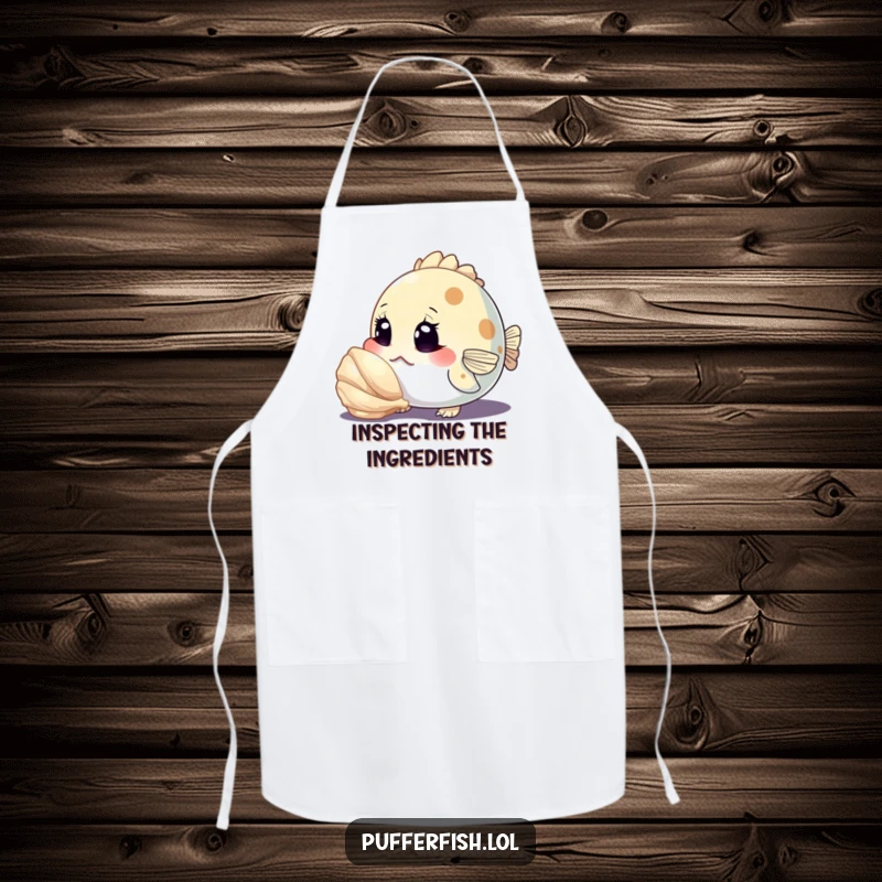 Funny apron showing a curious pufferfish character inspecting a shiny seashell with wide eyes, a humorous kitchen essential for inquisitive cooks.