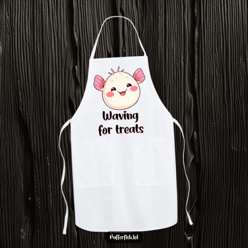 Funny kawaii pufferfish apron design, happily waving fins with a silly smile, making cooking tasks fun and cheerful, funny gift.
