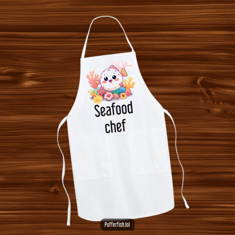 Funny Kawaii pufferfish apron, a cute fish excitedly exploring a colorful coral reef, perfect for kitchen adventures and underwater fun.