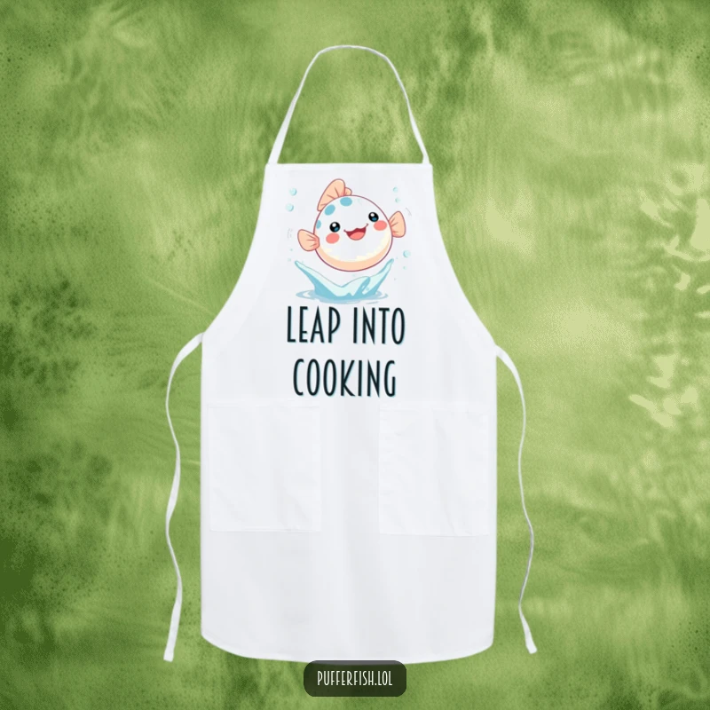 Funny Apron showing a Kawaii pufferfish joyfully leaping out of a water splash with bubbles, great for cooking.