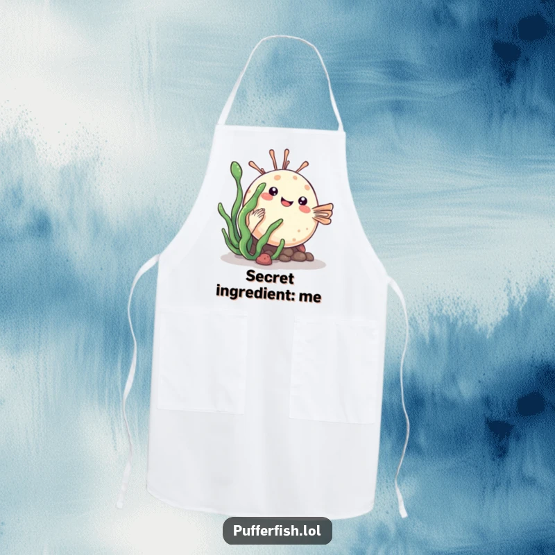 Funny kawaii pufferfish apron playfully hiding behind a sea plant, a cute and practical kitchen accessory.