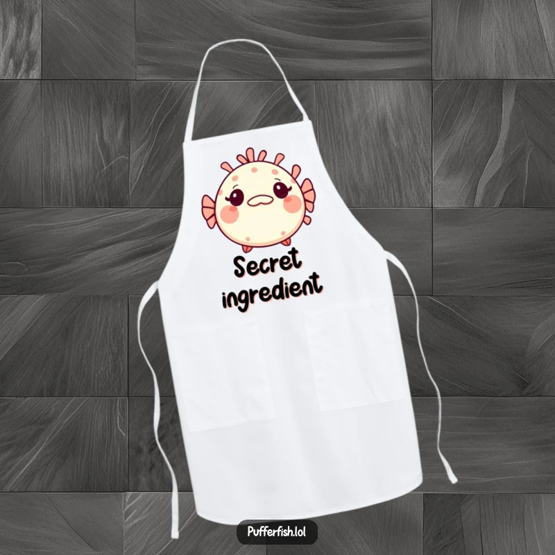 Funny Kawaii pufferfish apron, a cute fish looking surprised with a tiny, mischievous grin, perfect for kitchen shenanigans.