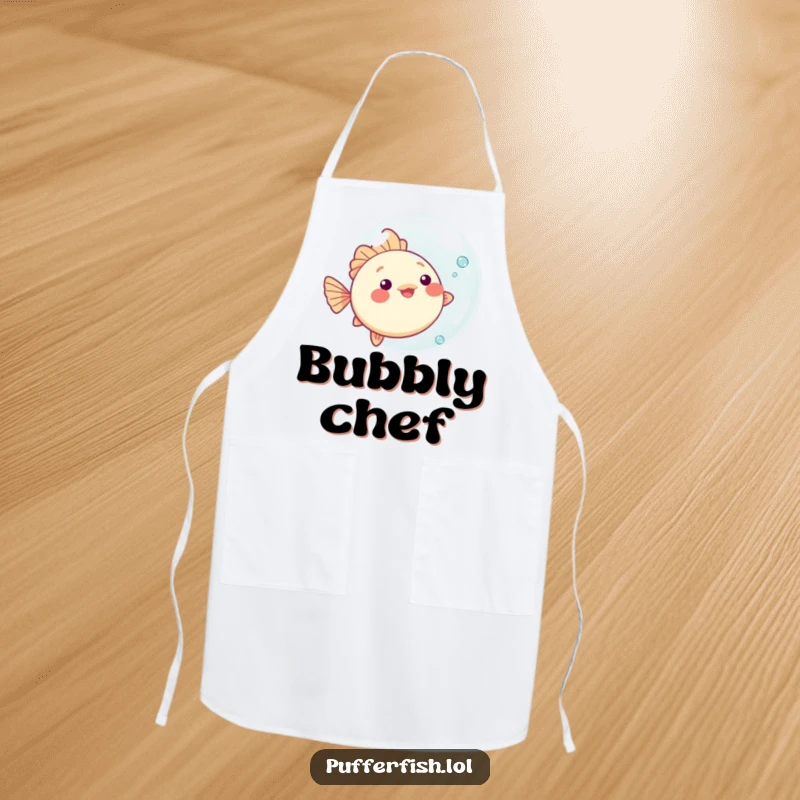 Funny kawaii pufferfish apron, playfully bouncing an oversized bubble, perfect for kitchen duties with a fun twist.