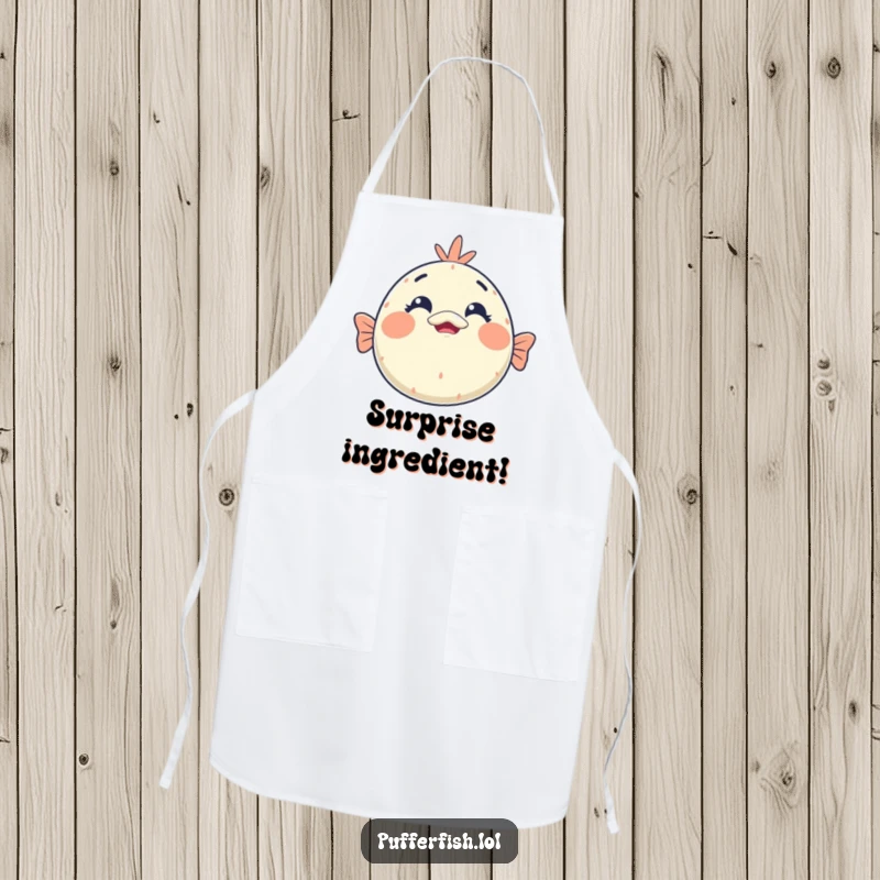 Funny kawaii pufferfish apron displaying a cute face with a comically shocked expression, a humorous kitchen accessory for cooks.
