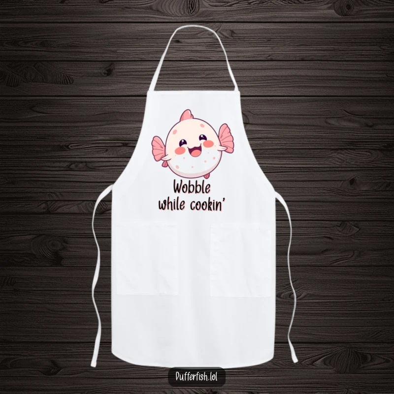 Funny kawaii pufferfish hilariously swimming on its back with a joyful wobble, a cute and humorous apron for chefs.