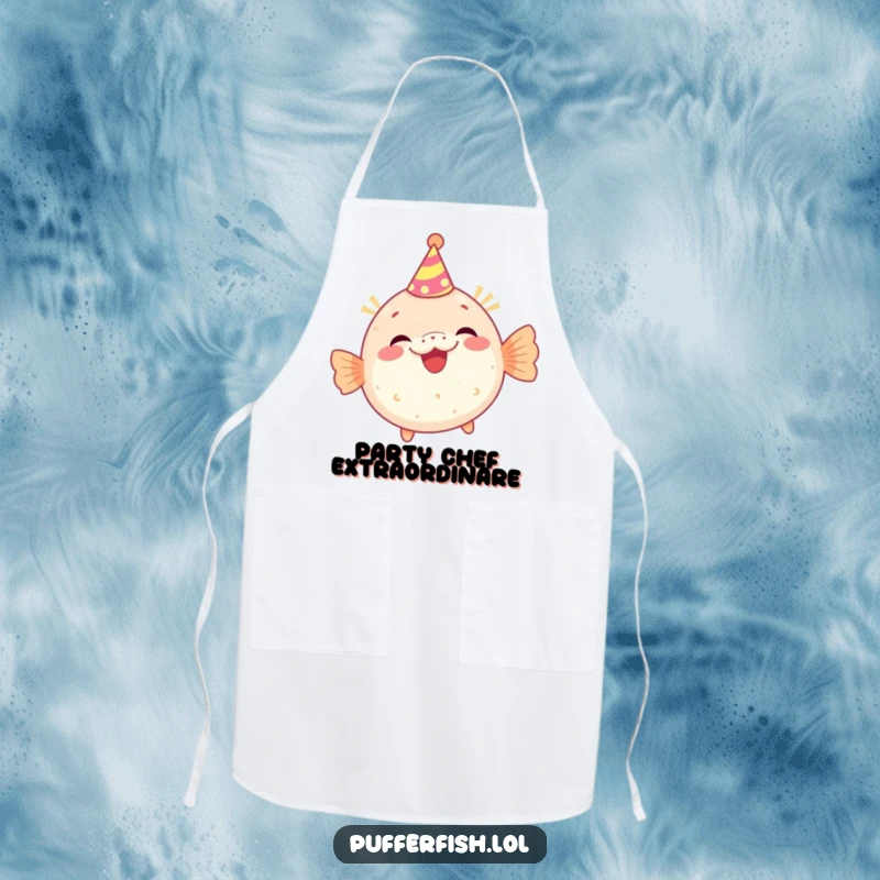 Funny apron featuring a pufferfish character wearing a tiny party hat and giggling, ideal for kitchen use with a festive and humorous theme.