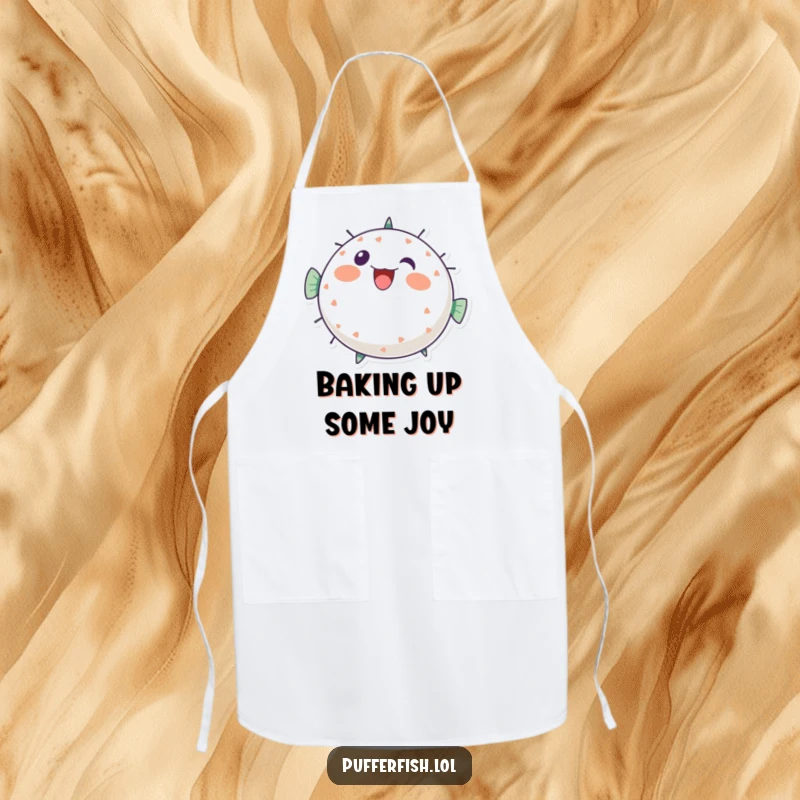 Funny pufferfish apron design, showing a round, energetic character bursting with cheerful, bubbly vibes while cooking, a great funny gift.
