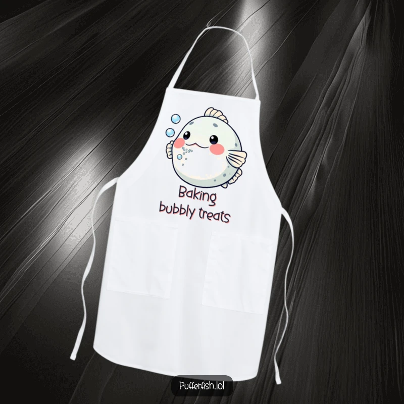 Funny Pufferfish Apron: A fun apron depicting a pufferfish comically blowing a stream of tiny bubbles, perfect for a playful kitchen.