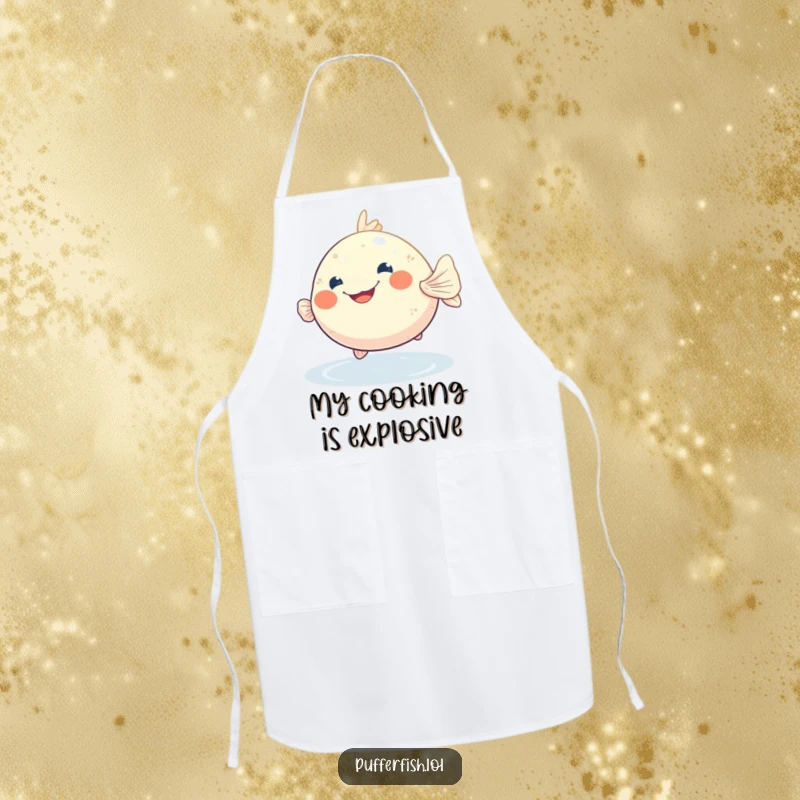Funny pufferfish apron with a broad, beaming grin, floating happily in shimmering water, perfect for a humorous kitchen.