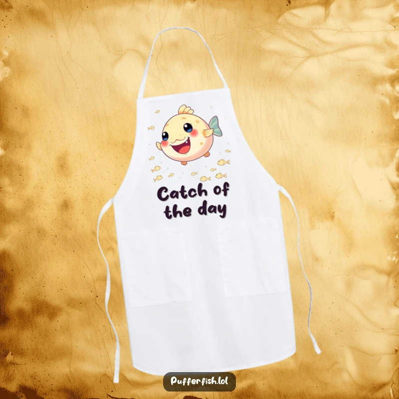 Funny Pufferfish Joy Apron: A fun apron showcasing a happy pufferfish cheerfully chasing a school of tiny, shimmering fish while cooking.