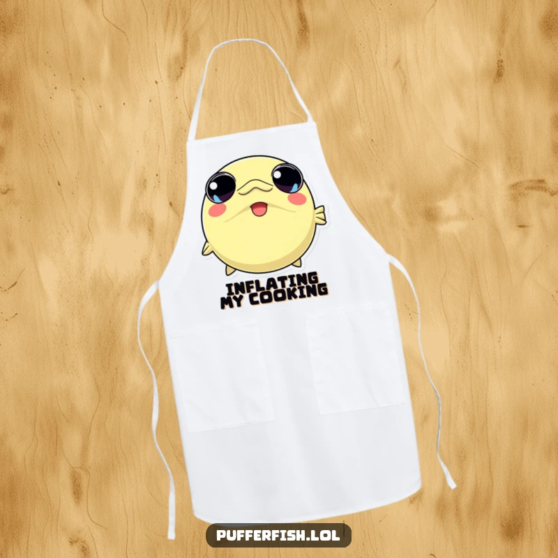 Funny apron illustrating a kawaii pufferfish character inflating rapidly with wide, joyful eyes, ready to add cuteness to cooking.