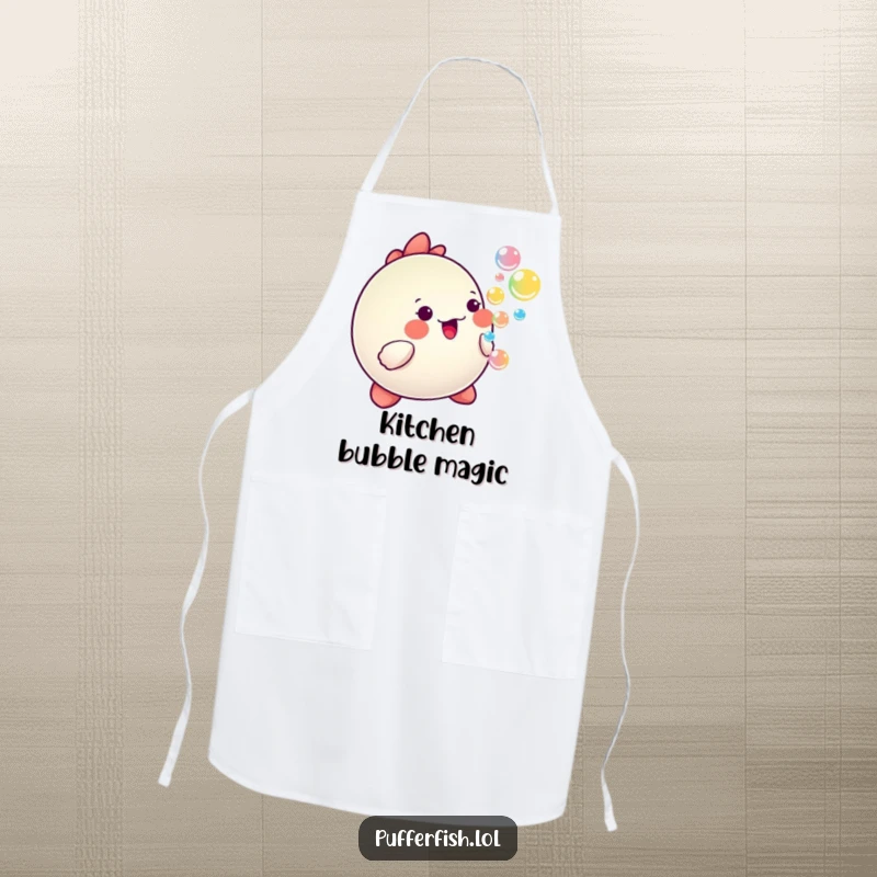 Funny Kawaii pufferfish blowing colorful, happy bubbles, adorning a cooking apron.