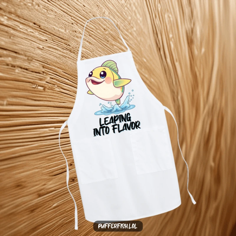 Funny Cheerful Fish Apron: A fish with happy eyes leaps from the water, making this a humorous and practical kitchen accessory.