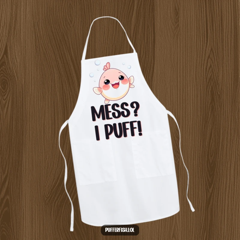 Funny pufferfish apron showing a small, gleeful pufferfish swimming upwards with bubbles, a charming kitchen accessory for cooks.
