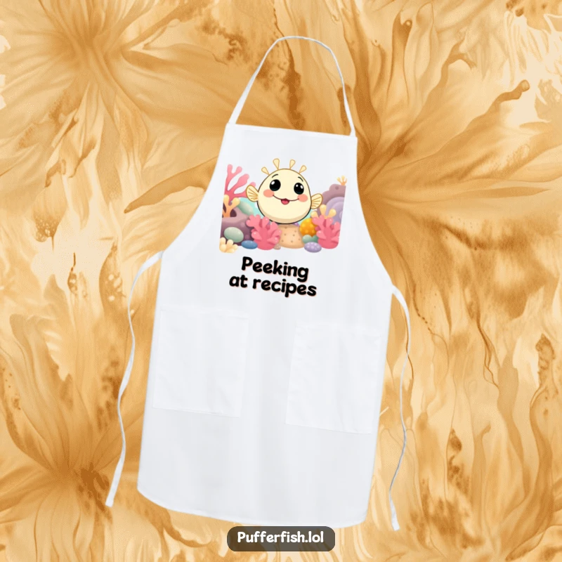 Funny Pufferfish Apron showing a smiling pufferfish curiously peeking from a coral reef, designed for a fun and protective cooking experience.