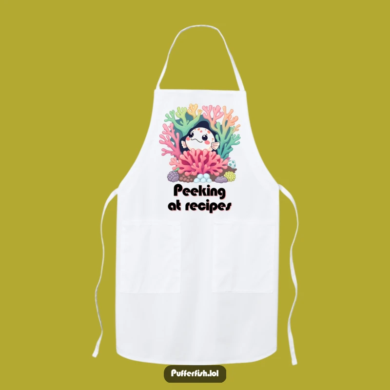 Funny Curious Pufferfish Coral Apron: Cook with Playful Intrigue