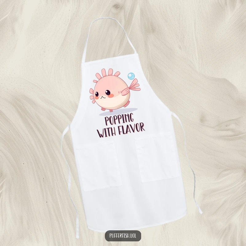 Funny Pufferfish Apron: A cute pufferfish playfully chases a small sparkling bubble in the clear blue sea, bringing kitchen fun.