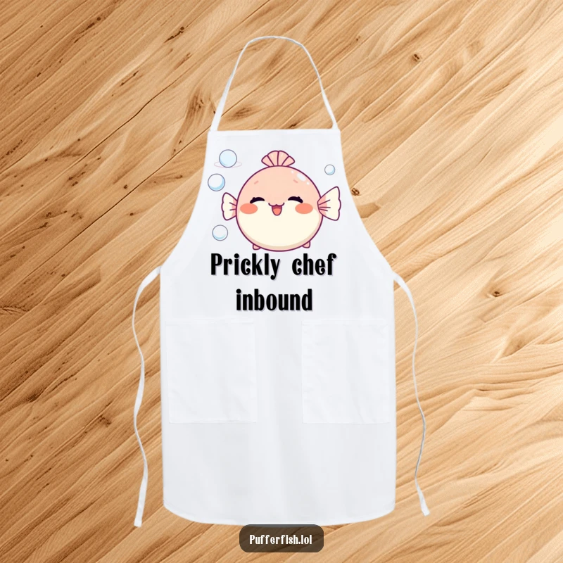 Funny pufferfish apron blowing bubble rings, a cheerful and practical kitchen accessory for cooking fun.