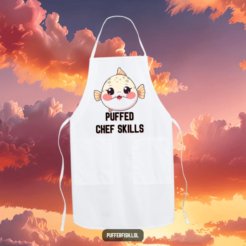 Funny Apron showing a tiny pufferfish inflating dramatically, cheeks puffed, eyes wide with playful surprise, great for cooking.