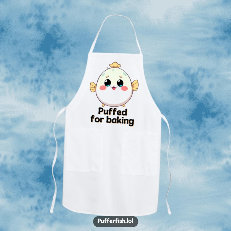 Funny kawaii pufferfish apron, inflating with a happy surprised face, perfect for kitchen duties with a cute twist.