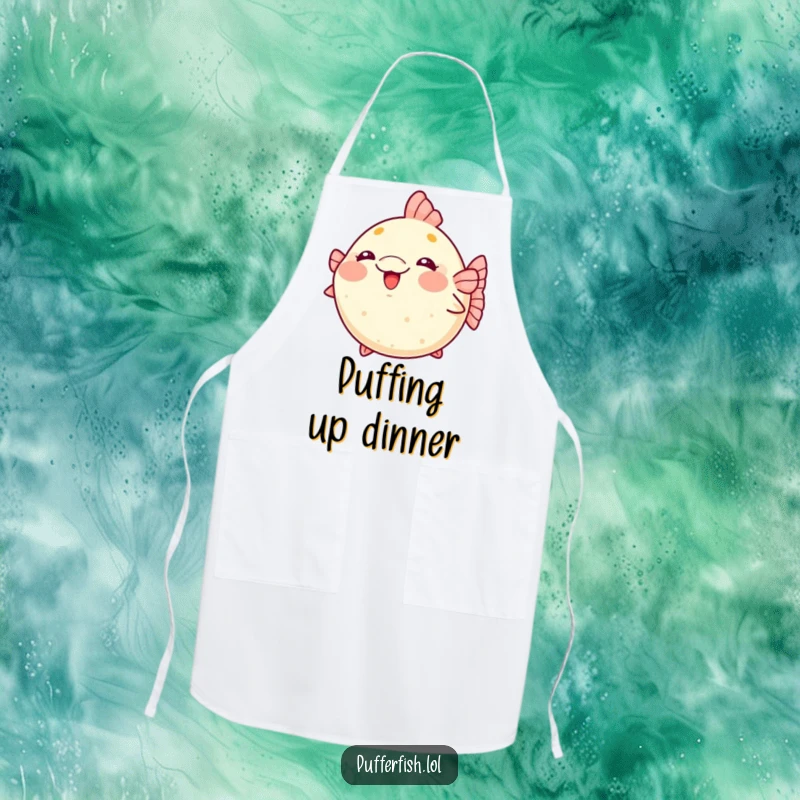 Funny kawaii pufferfish apron blushing and puffing up excitedly.