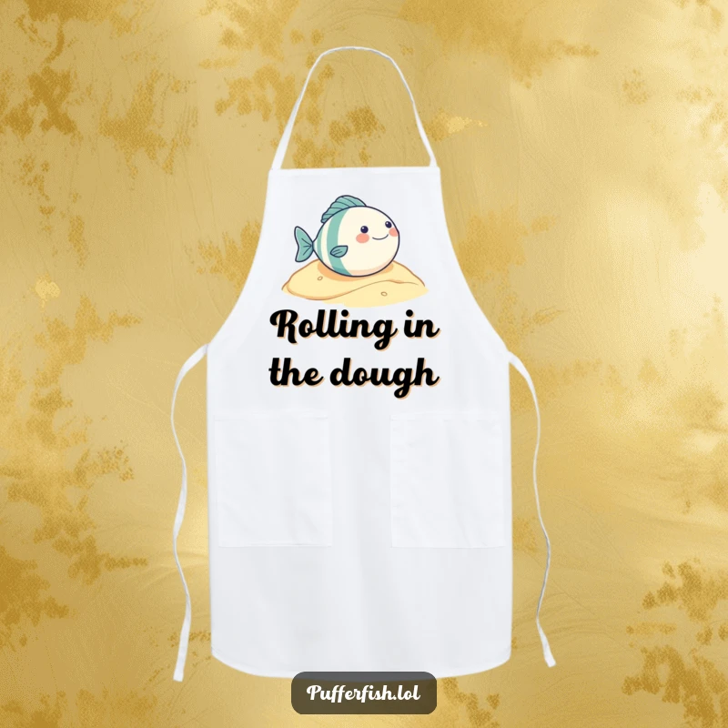 Funny apron showing a very round fish character experiencing pure glee while rolling down a sandy hill, a humorous kitchen essential.