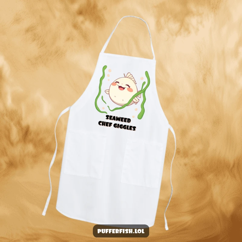 Funny apron showing a pufferfish character laughing heartily while being tickled by seaweed, a humorous kitchen essential for chefs and home cooks.
