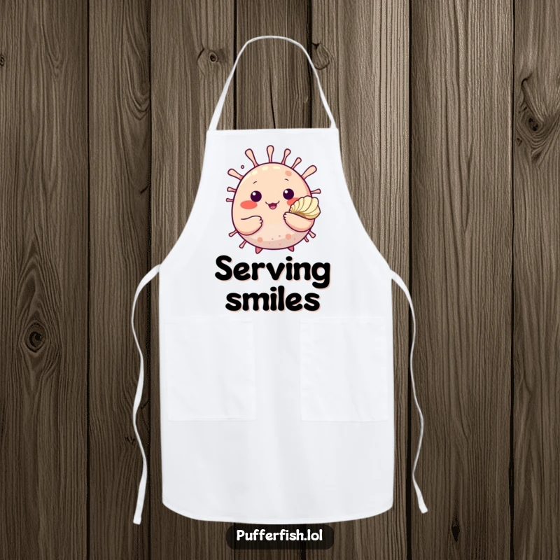 Funny apron showing a cute pufferfish waving enthusiastically while offering a seashell, a delightful kitchen accessory.