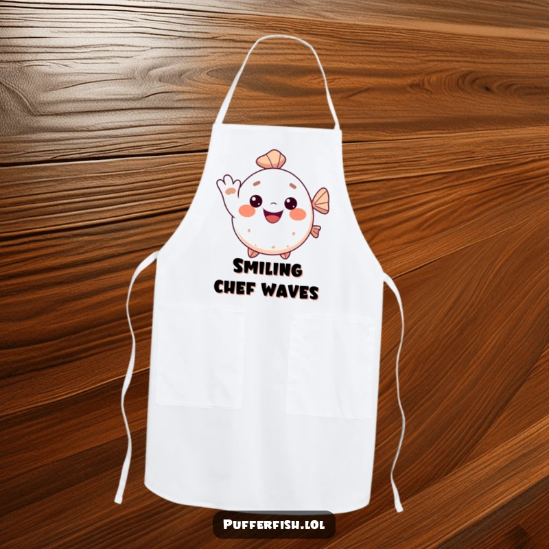 Funny Kawaii pufferfish apron, a cute fish giving a cheerful wave with a big smile, perfect for kitchen cheer and happy cooking.