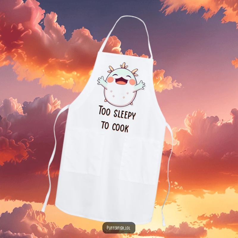Funny Pufferfish Yawning Apron: A cute pufferfish stretches its arms in a big yawn, adding a humorous and relaxed touch to kitchen wear.