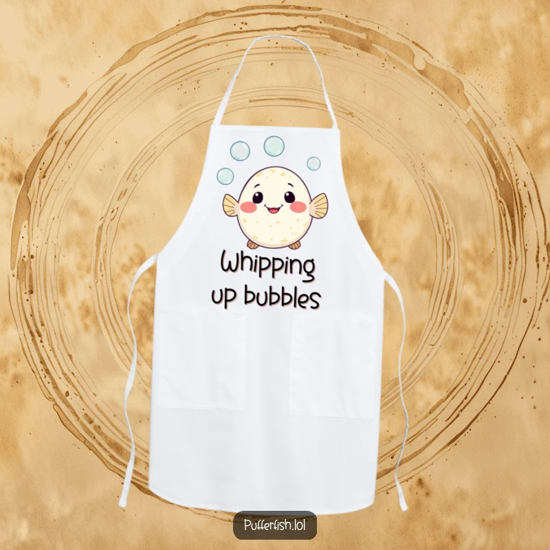 Funny apron illustrating a cute pufferfish character cheerfully juggling three tiny bubbles with a wide, happy grin, ready to add fun to cooking.