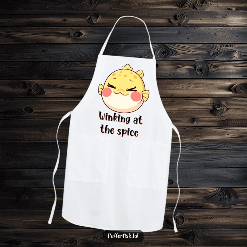 Funny Pufferfish Apron: A fun apron depicting a pufferfish comically puffing its cheeks and winking mischievously, ready for kitchen antics.
