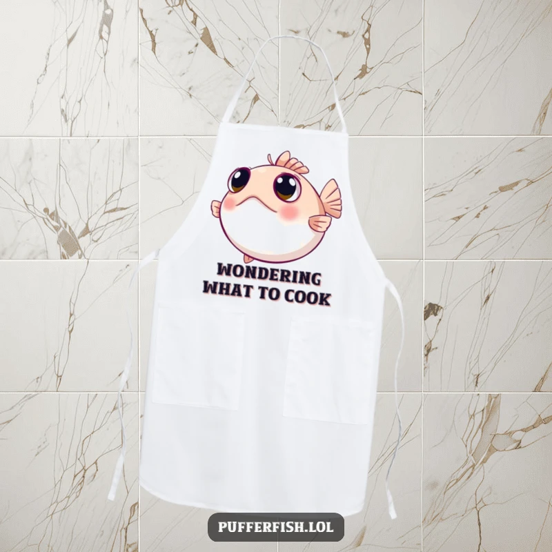 Funny pufferfish apron with wide, curious eyes looking around, a practical and humorous kitchen accessory.