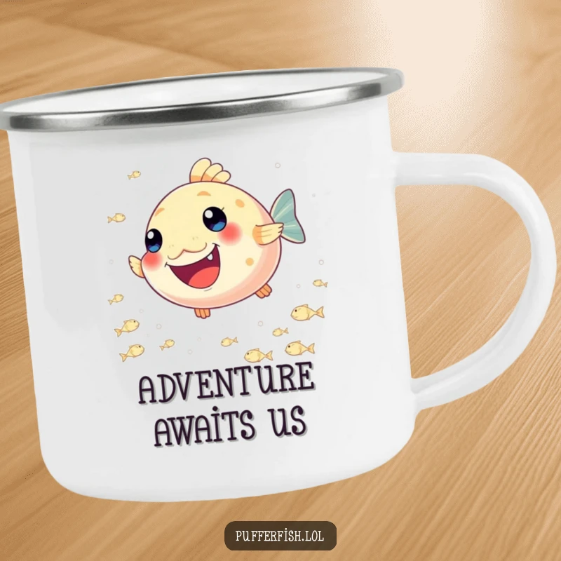 Funny Pufferfish Joy Camping Mug: A rugged camping mug featuring a happy pufferfish enthusiastically chasing a school of tiny, shimmering fish.