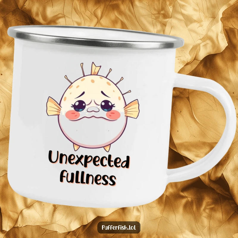 Funny Bewildered Pufferfish Camping Mug: A sturdy mug with a pufferfish inflating in surprise, perfect for outdoor adventures and humorous enjoyment.