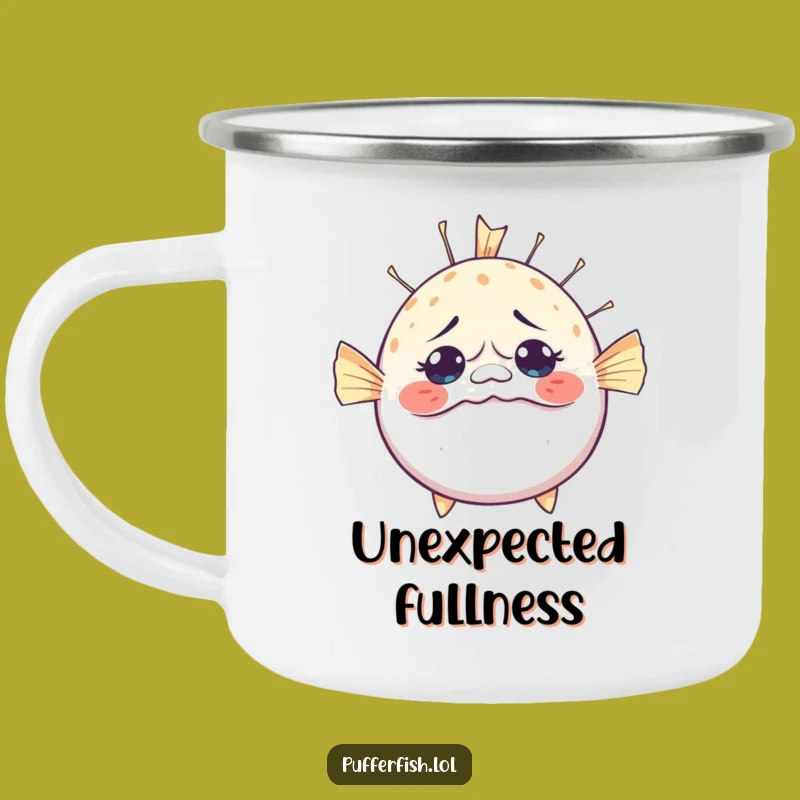 Adventure Funny Bewildered Pufferfish Camping Mug: Surprise by the Campfire
