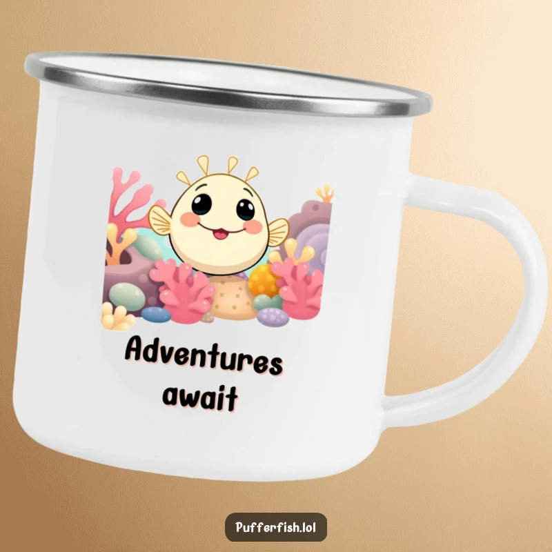 Funny Pufferfish Camping Mug with a smiling pufferfish curiously peeking from a coral reef, designed for outdoor enjoyment and discovery.