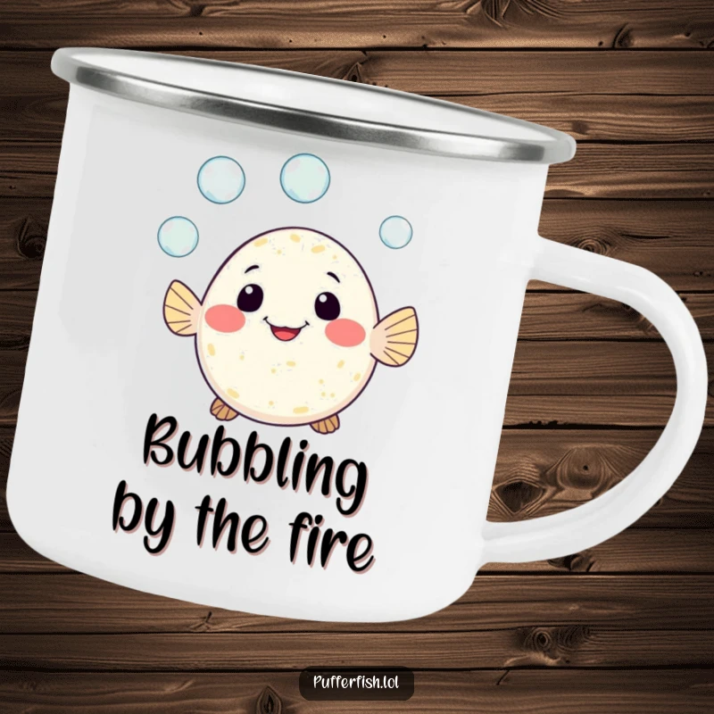 Funny camping mug showing a cute pufferfish character cheerfully juggling three tiny bubbles with a wide, happy grin, bringing aquatic charm to adventures.