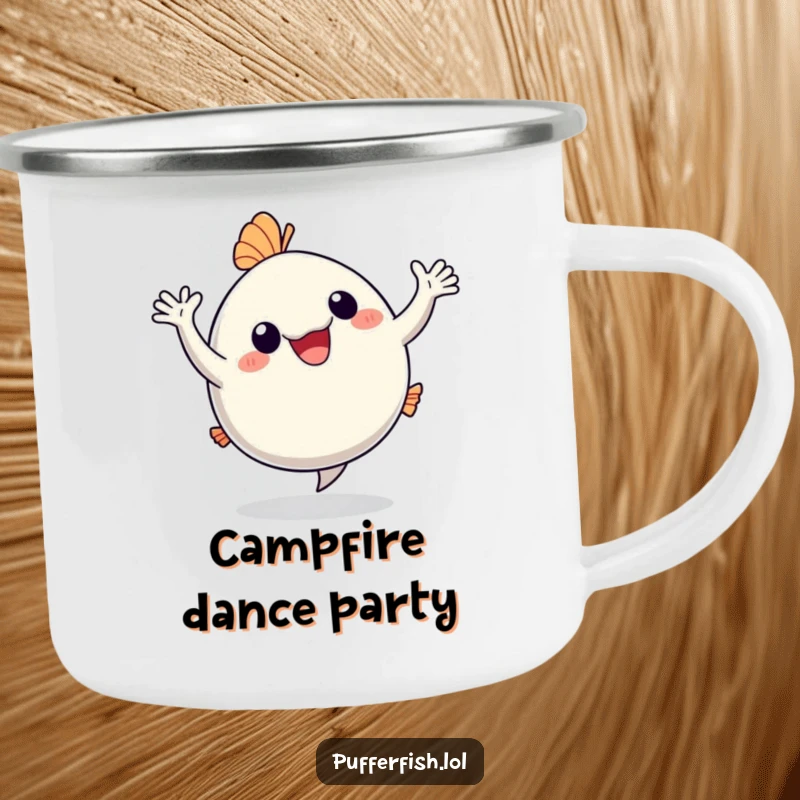 Funny Camping Mug: A happy pufferfish dances with arms waving, offering a humorous and durable mug for fun-loving adventurers.