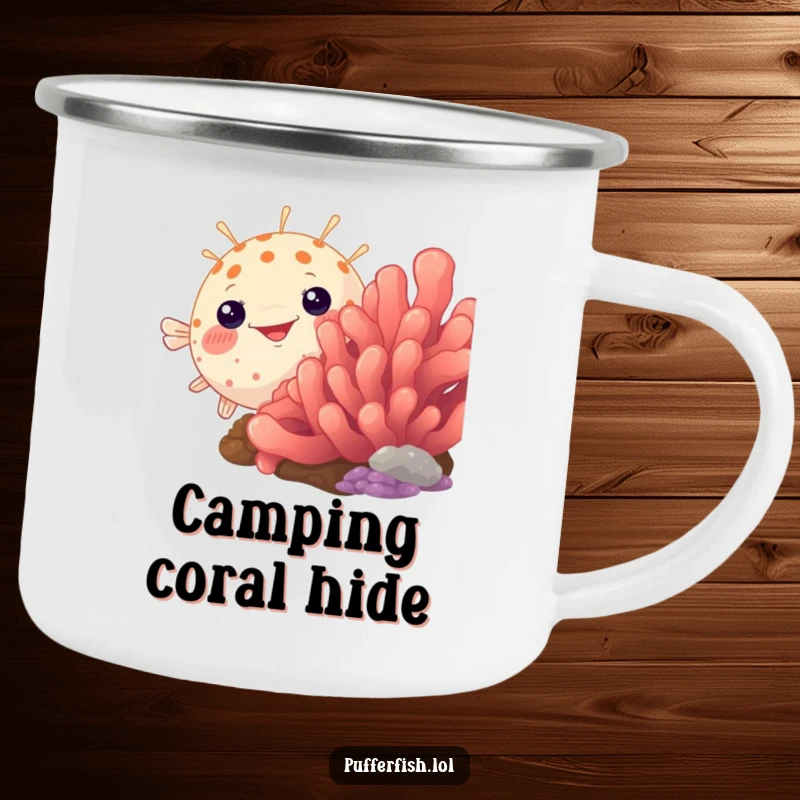Funny pufferfish camping mug, humorously peeking from behind a vibrant coral, a playful and amusing companion for your adventures.