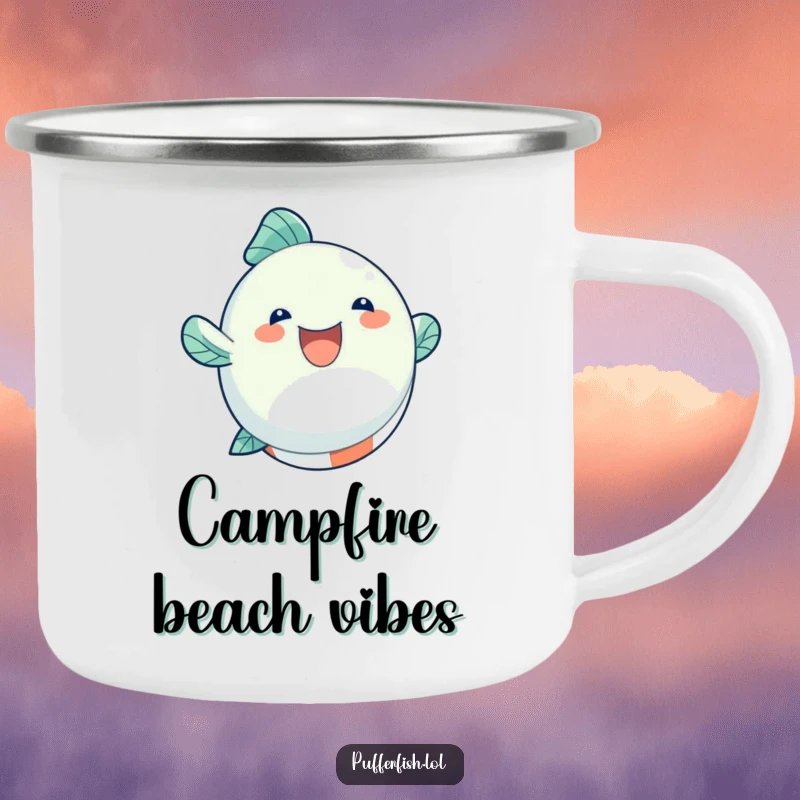 Funny Camping Mug featuring a round, inflated fish character joyfully bouncing on a beach ball, ready for outdoor fun.