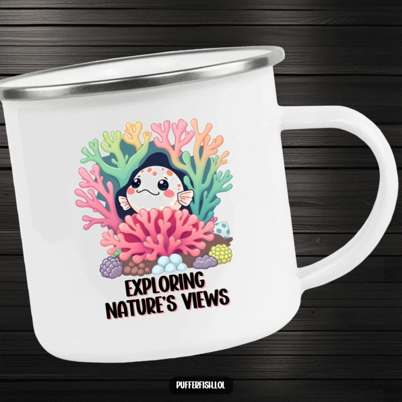 Funny Curious Pufferfish Camping Mug: A sturdy mug with a pufferfish peeking from a coral reef, perfect for outdoor adventures and humorous enjoyment.