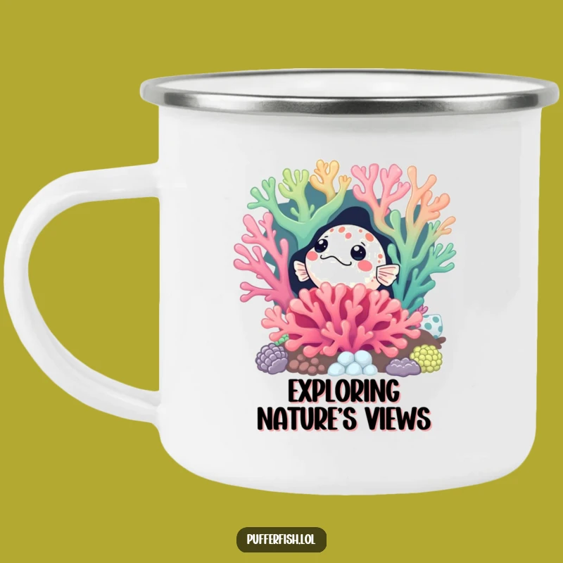 Adventure Funny Curious Pufferfish Camping Mug: Reef Views & Laughs